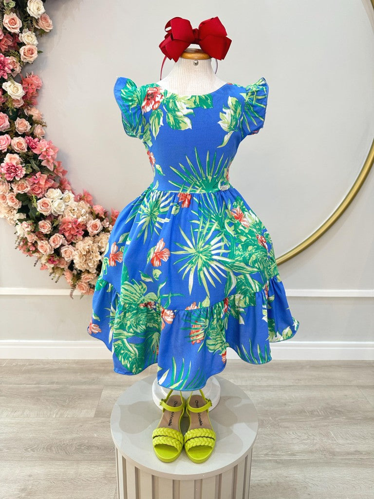 Vestido Infantil Azul Florido Casual para Primavera
