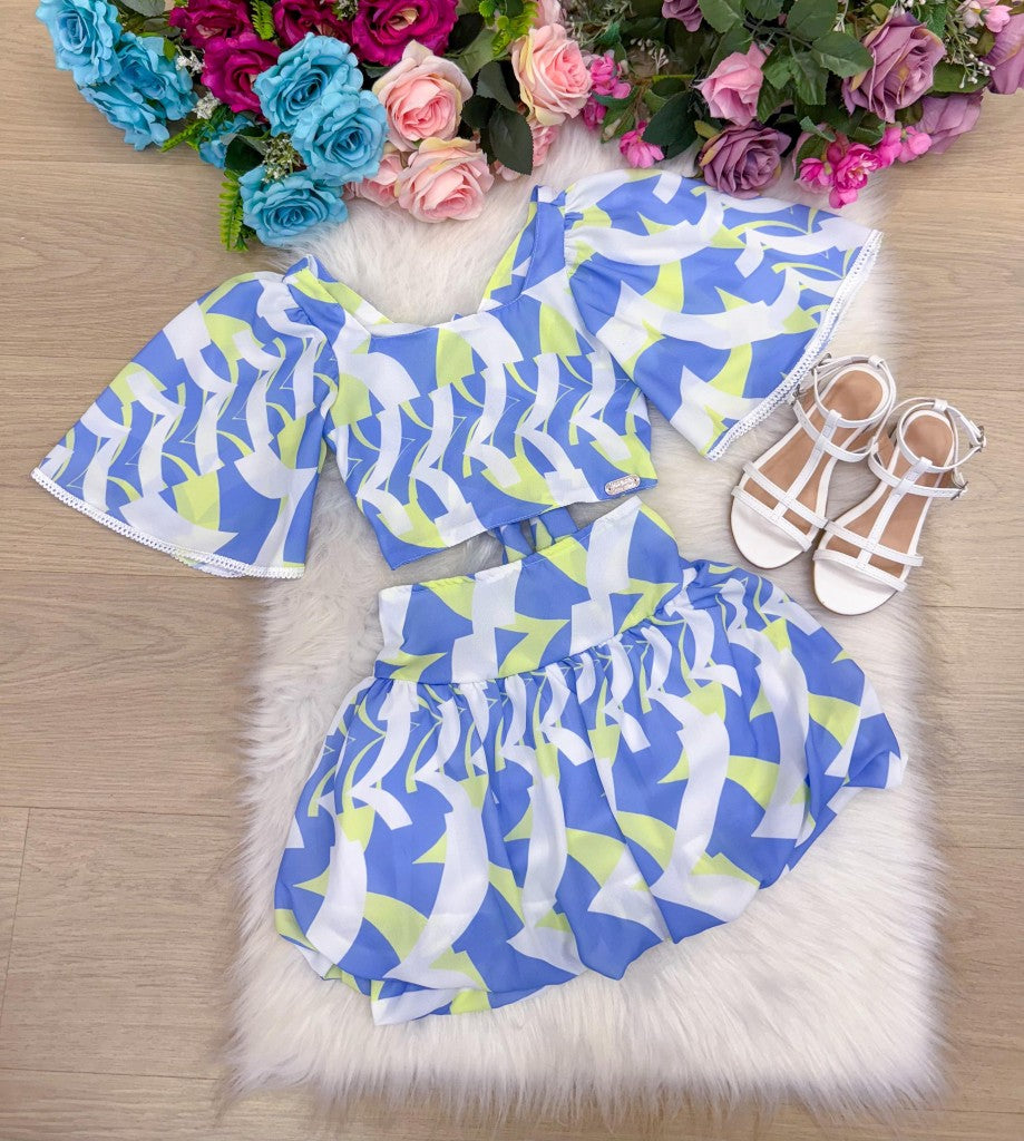 Conjunto Infantil Alissa Azul e Verde com Blusinha e Saia Balonê