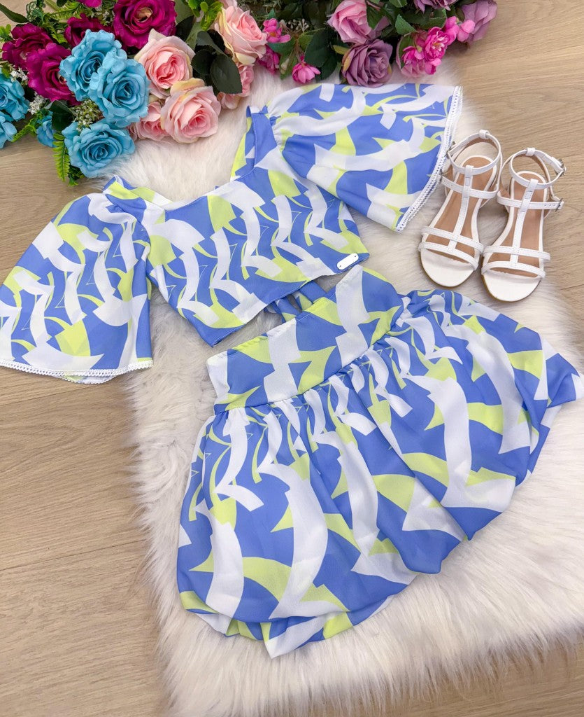Conjunto Infantil Alissa Azul e Verde com Blusinha e Saia Balonê