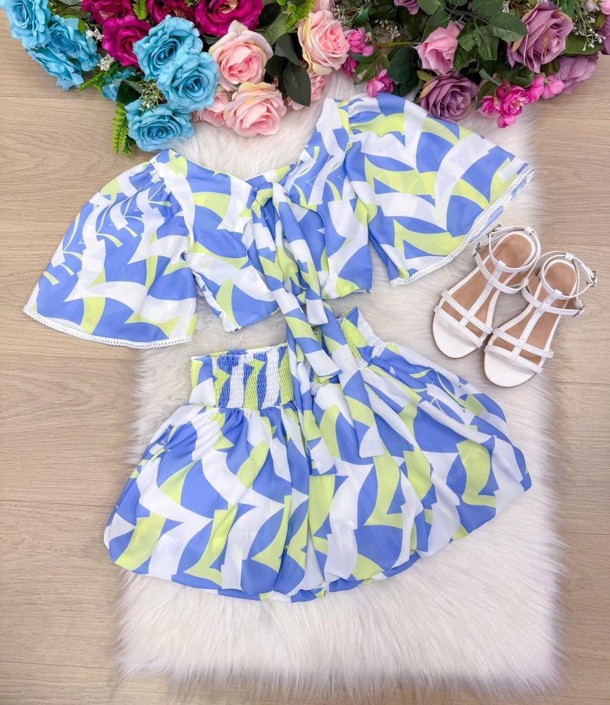 Conjunto Infantil Alissa Azul e Verde com Blusinha e Saia Balonê