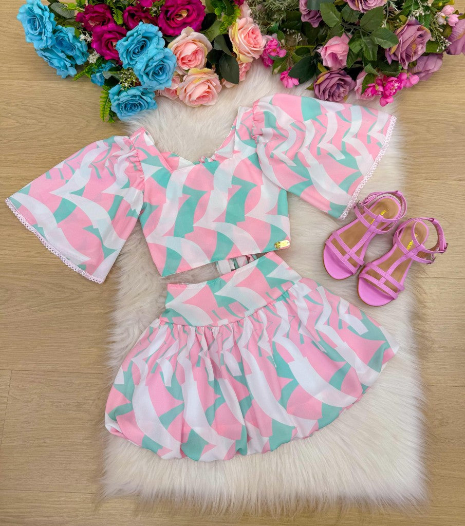 Conjunto Alissa Blusinha e Saia Balonê Rosa Bebê