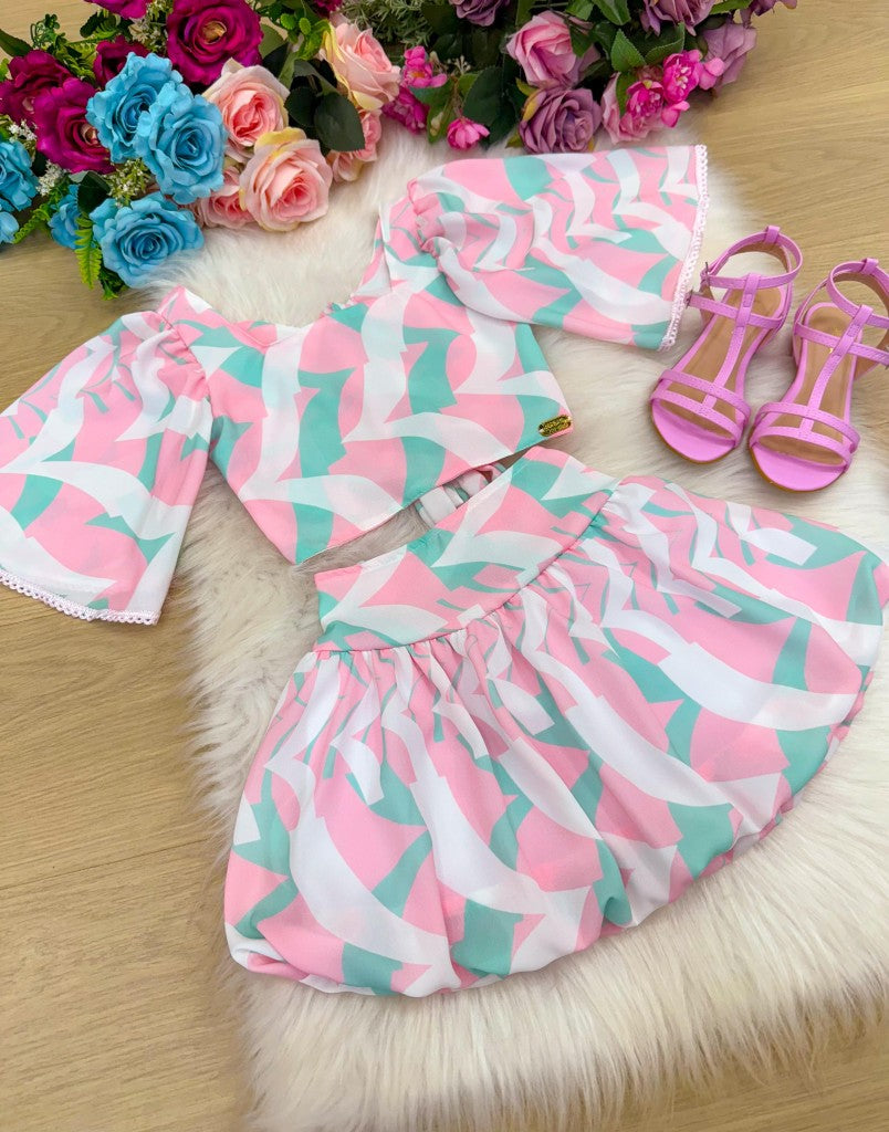 Conjunto Alissa Blusinha e Saia Balonê Rosa Bebê