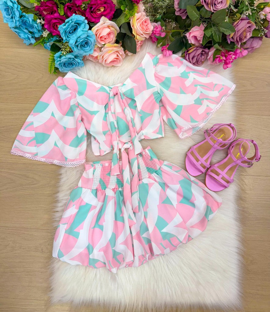 Conjunto Alissa Blusinha e Saia Balonê Rosa Bebê