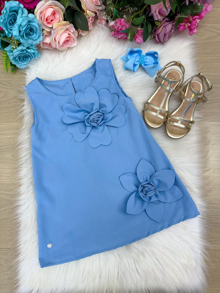 Vestido Azul Sem Manga em Tecido Light Basic para Mães e Filhas