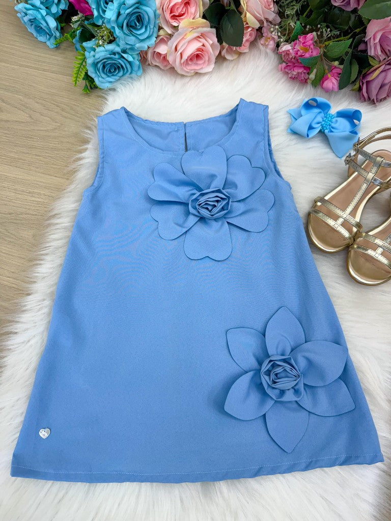 Vestido Azul Sem Manga em Tecido Light Basic para Mães e Filhas