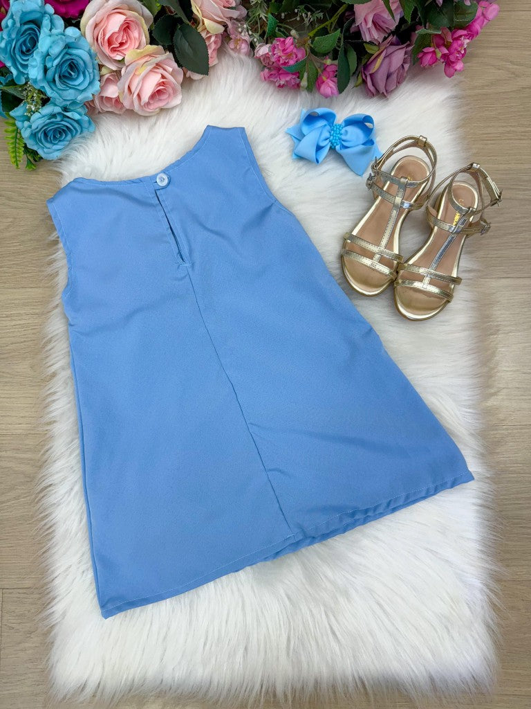 Vestido Azul Sem Manga em Tecido Light Basic para Mães e Filhas