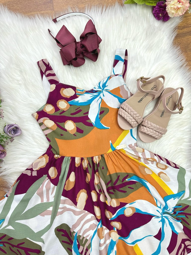 Vestido Infantil Casual Marsala com Estampa Floral para Primavera e Verão