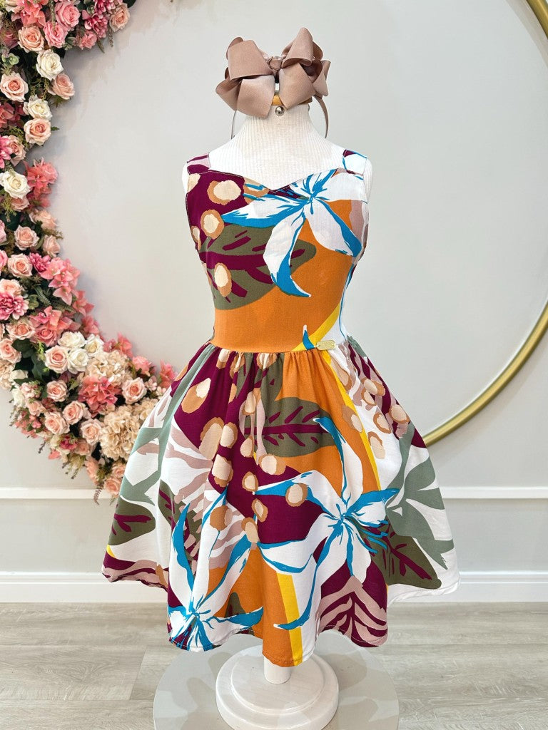 Vestido Infantil Casual Marsala com Estampa Floral para Primavera e Verão