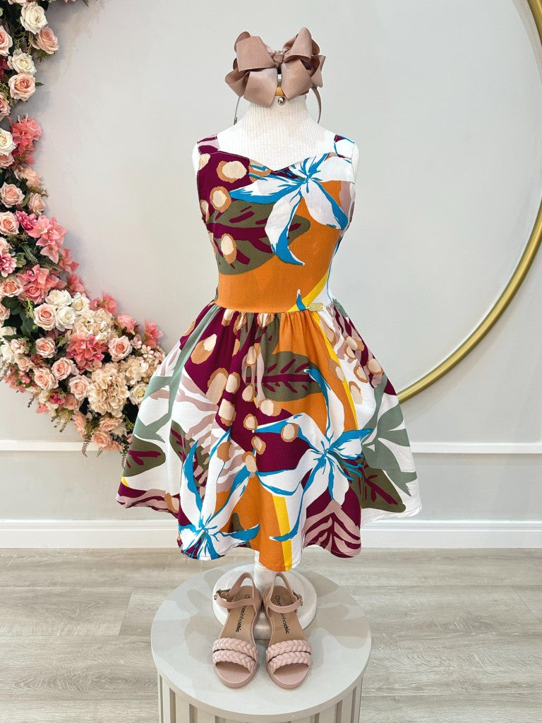 Vestido Infantil Casual Marsala com Estampa Floral para Primavera e Verão