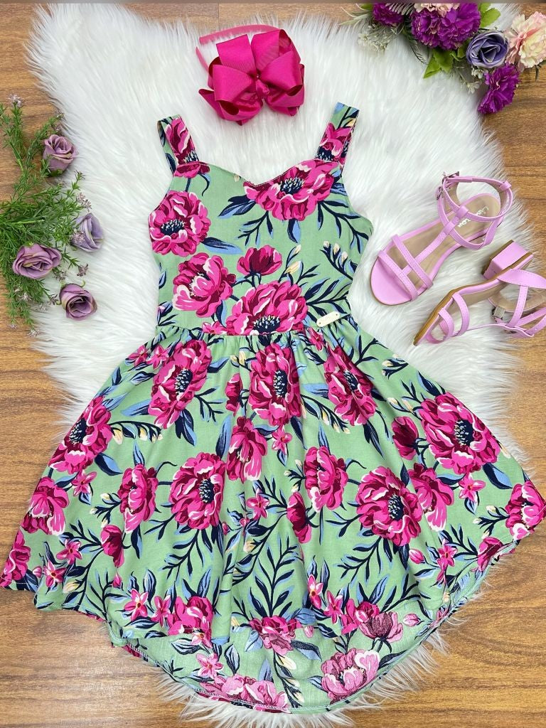 Vestido Infantil Verde Florido Casual Primavera Verão