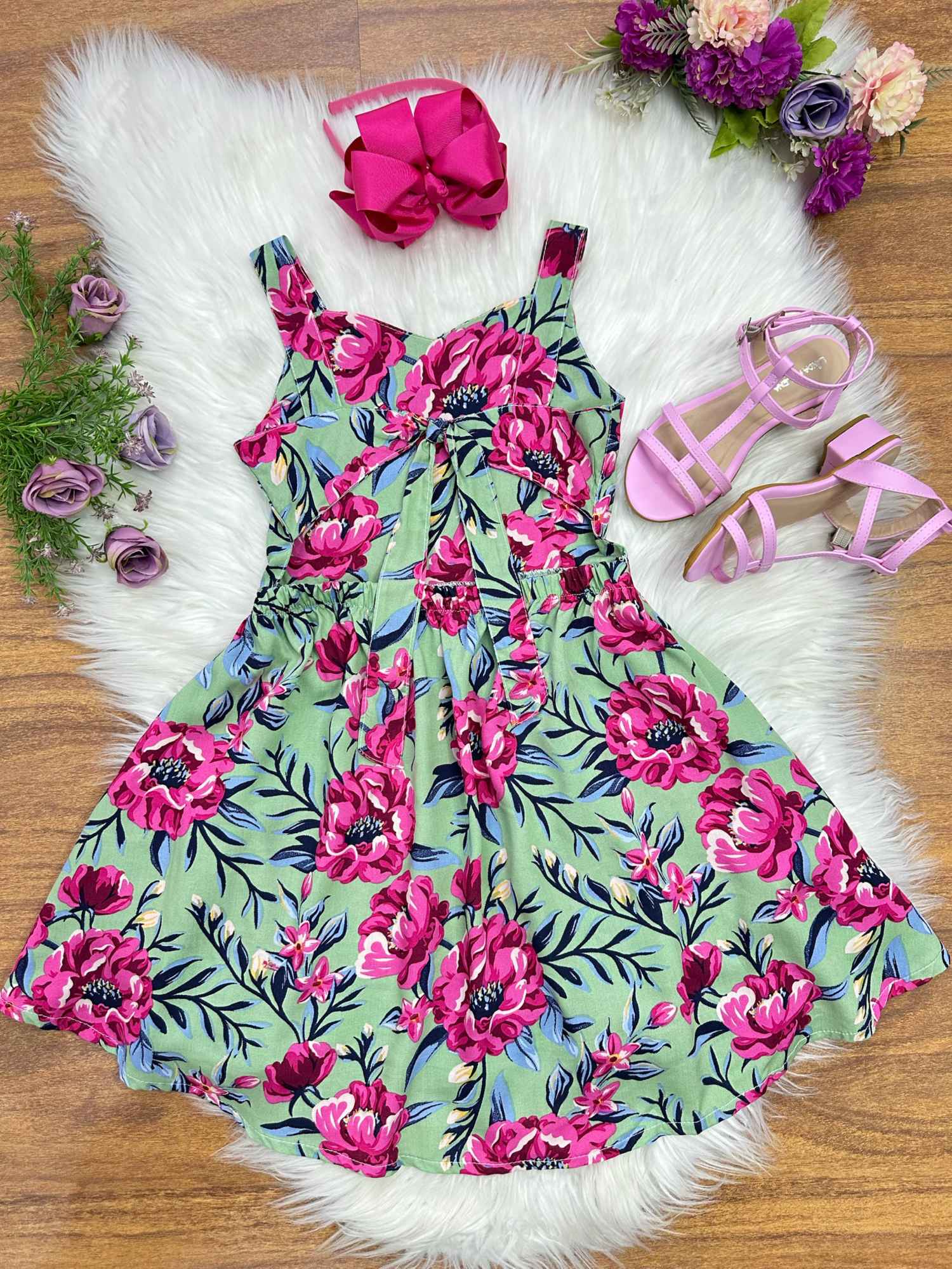 Vestido Infantil Verde Florido Casual Primavera Verão