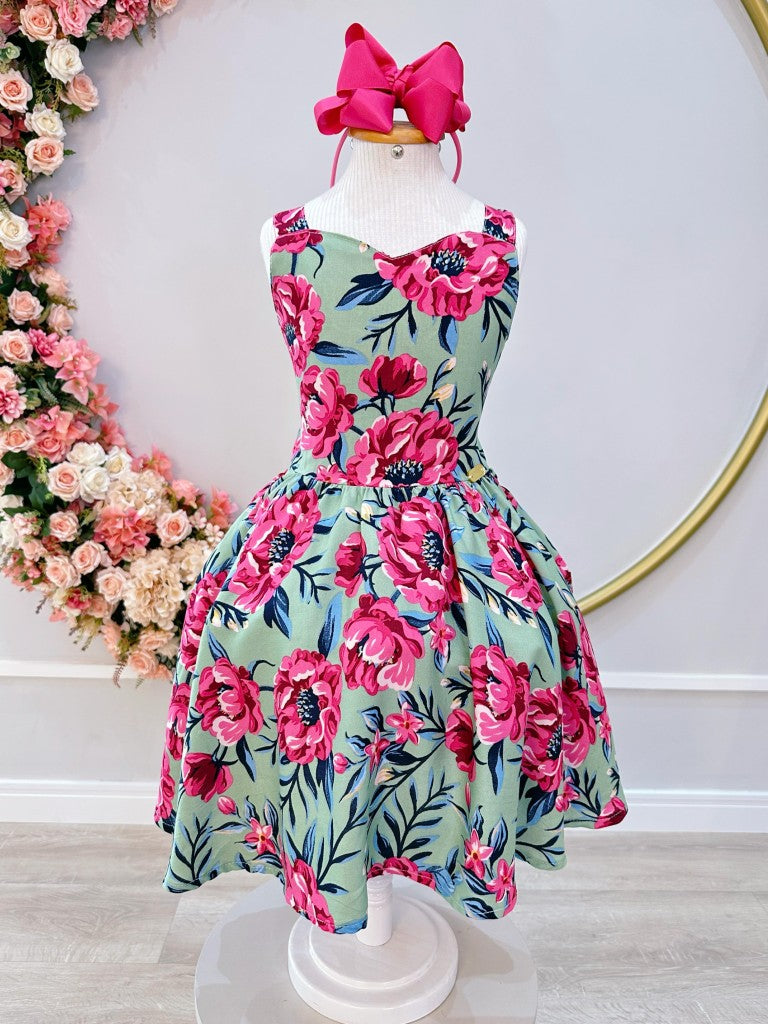 Vestido Infantil Verde Florido Casual Primavera Verão