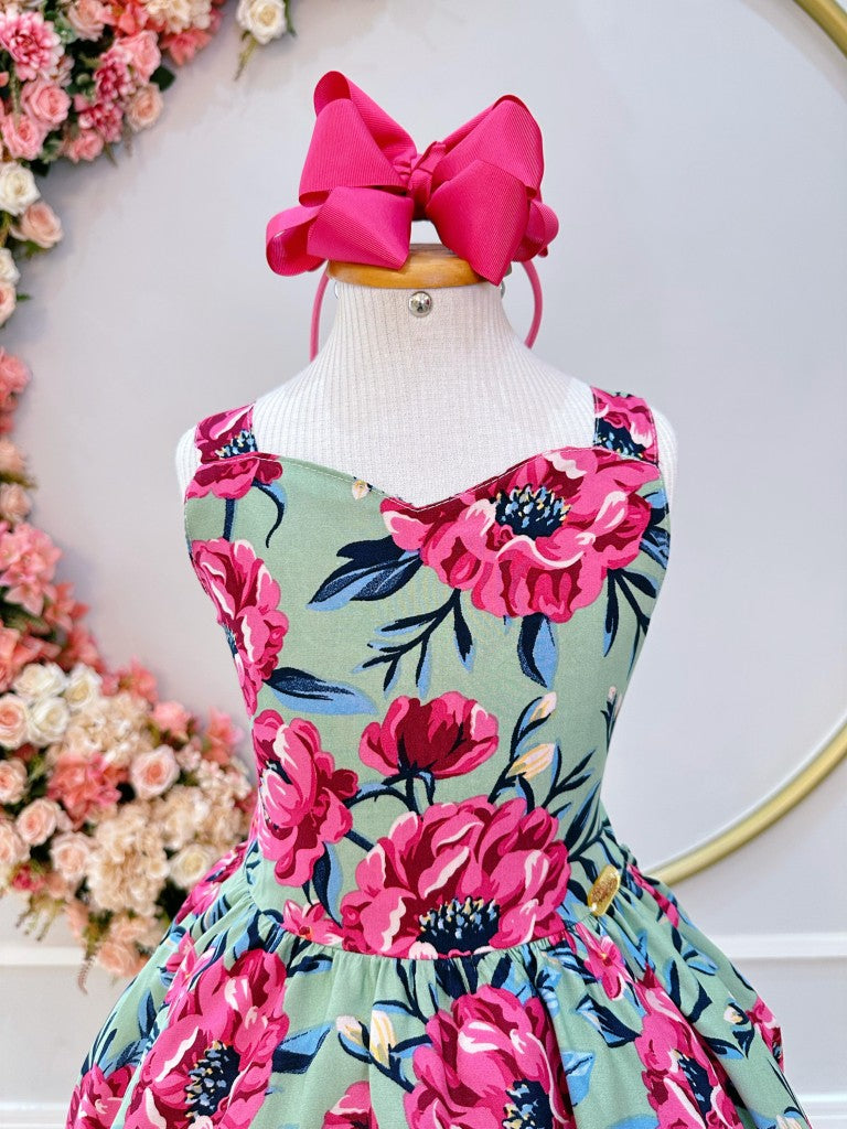 Vestido Infantil Verde Florido Casual Primavera Verão