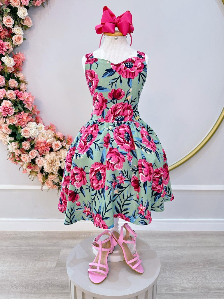 Vestido Infantil Verde Florido Casual Primavera Verão