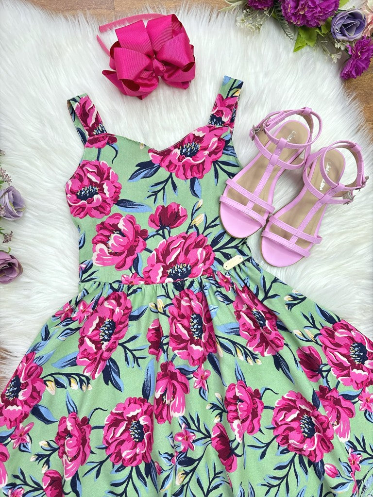 Vestido Infantil Verde Florido Casual Primavera Verão