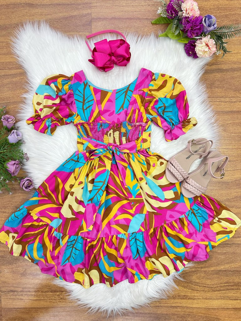 Vestido Infantil Casual Marsala Florido para Primavera