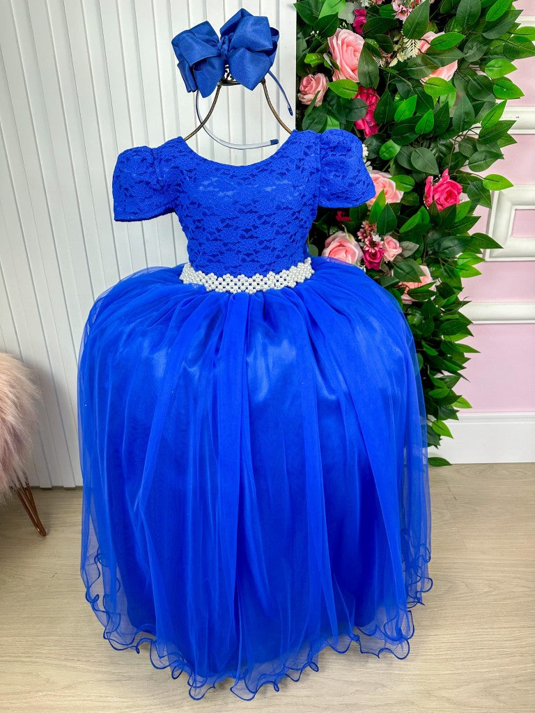 Vestido Longo Infantil Azul Royal com Corpete de Renda e Saia de Tule
