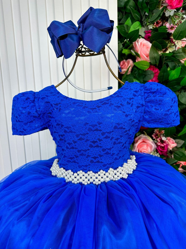 Vestido Longo Infantil Azul Royal com Corpete de Renda e Saia de Tule
