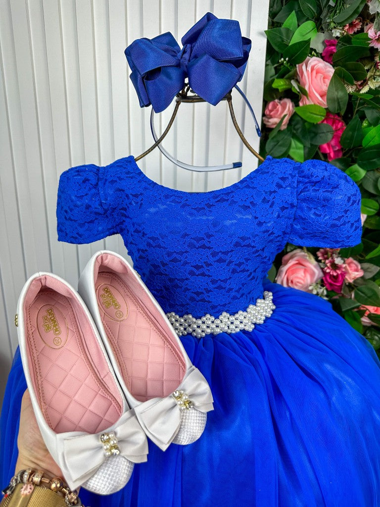 Vestido Longo Infantil Azul Royal com Corpete de Renda e Saia de Tule