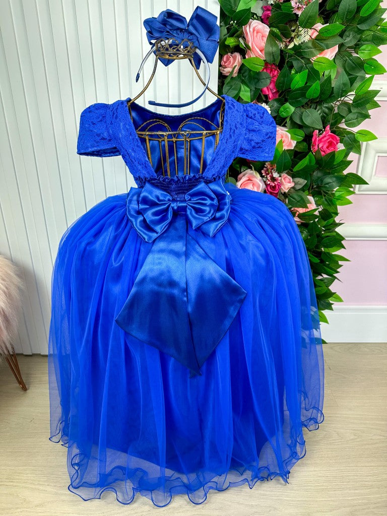 Vestido Longo Infantil Azul Royal com Corpete de Renda e Saia de Tule