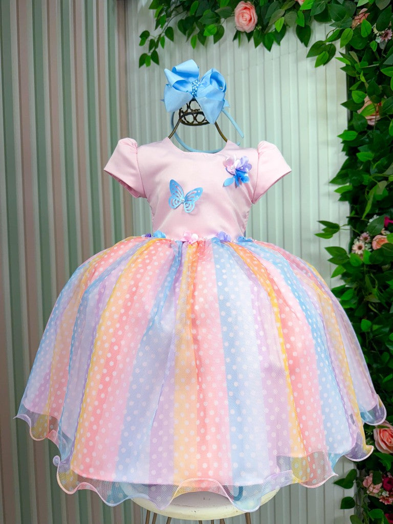 Vestido Rosa de Tule com Laço para Meninas