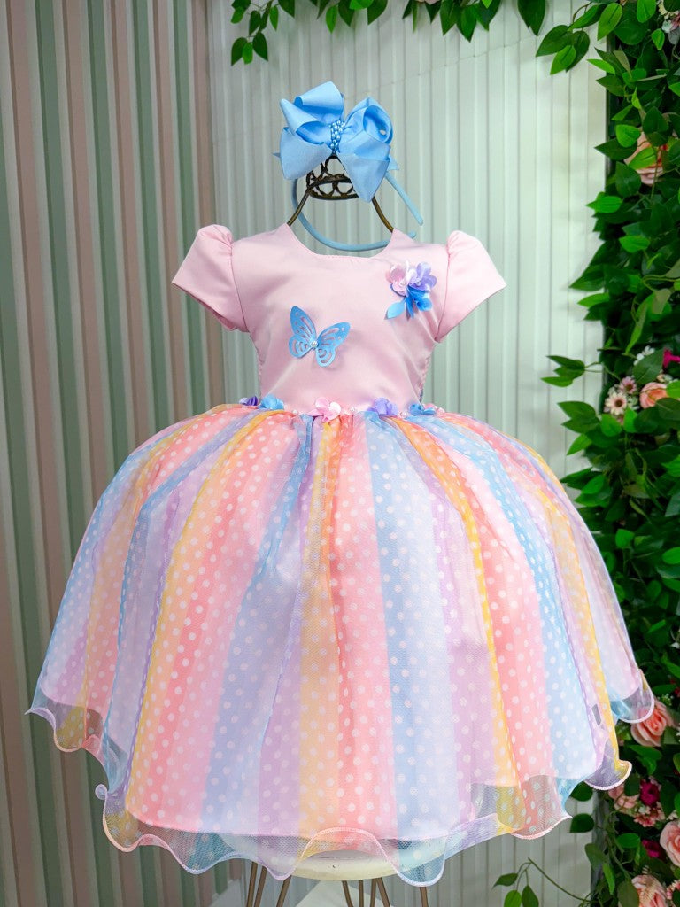 Vestido Rosa de Tule com Laço para Meninas
