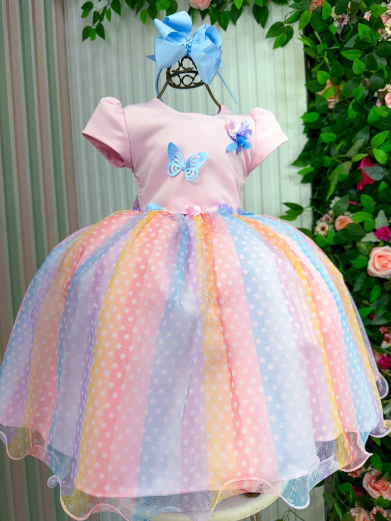 Vestido Rosa de Tule com Laço para Meninas
