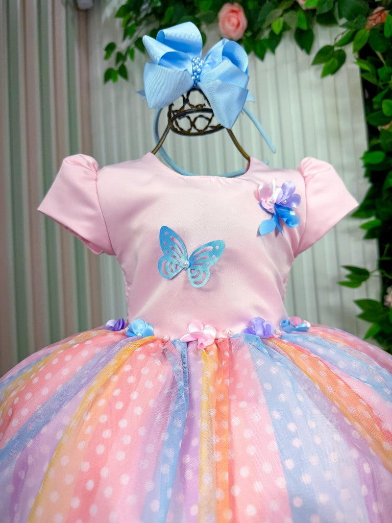 Vestido Rosa de Tule com Laço para Meninas