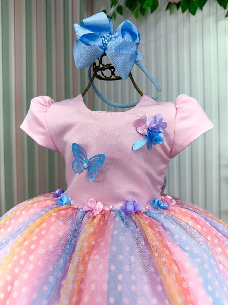 Vestido Rosa de Tule com Laço para Meninas