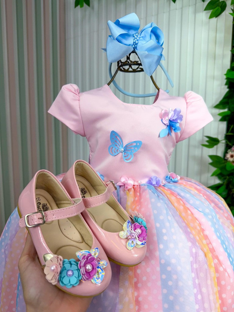 Vestido Rosa de Tule com Laço para Meninas