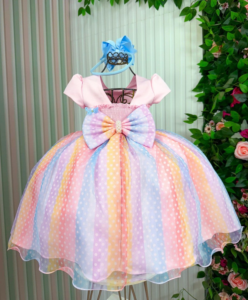 Vestido Rosa de Tule com Laço para Meninas