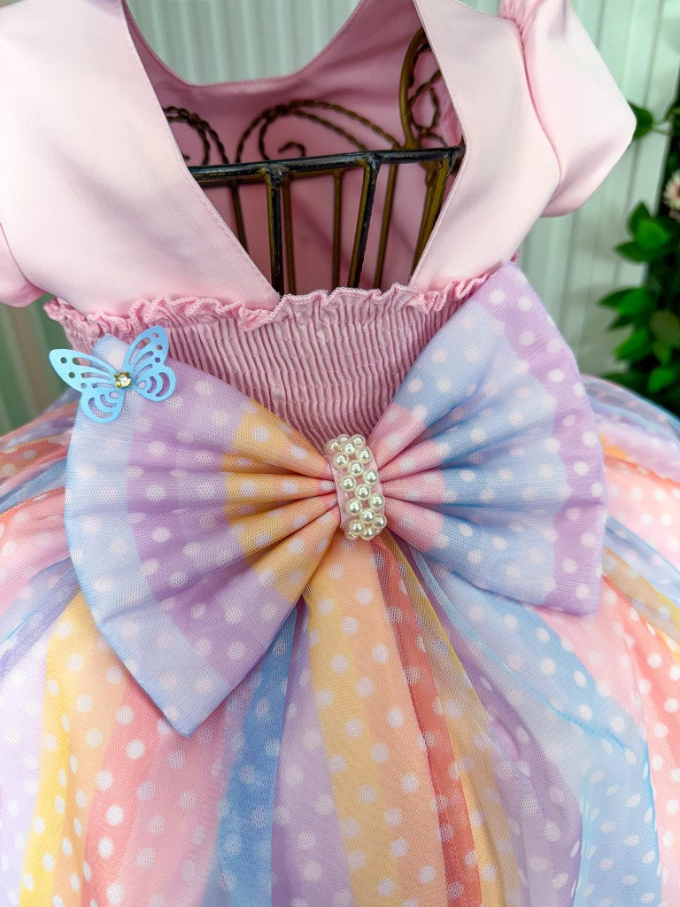 Vestido Rosa de Tule com Laço para Meninas