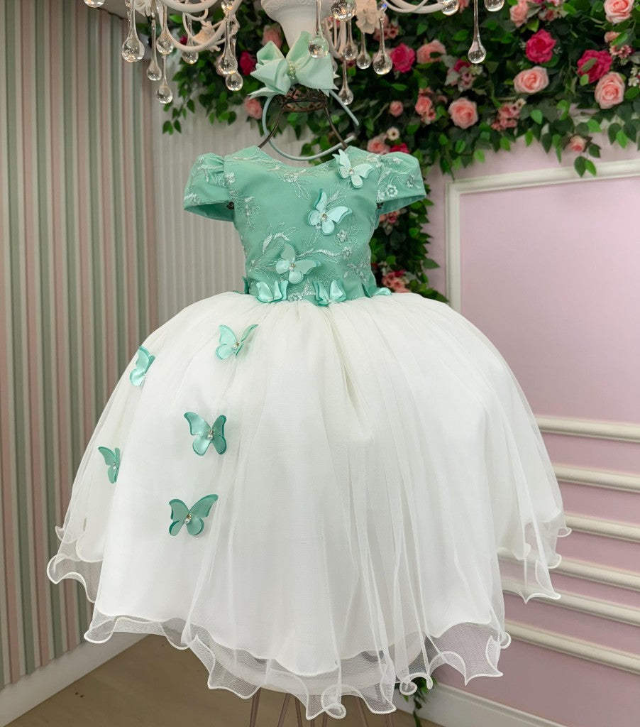 Vestido Midi Infantil Verde Oliva com Bordados e Tule