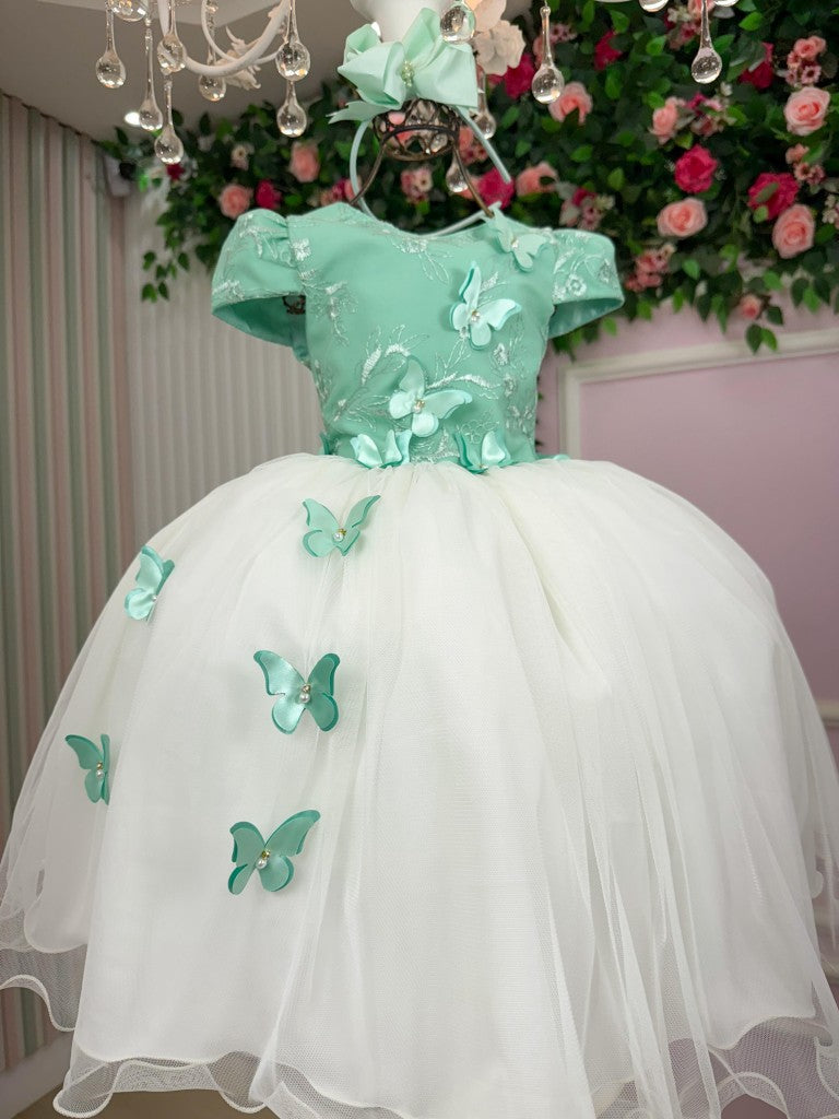 Vestido Midi Infantil Verde Oliva com Bordados e Tule