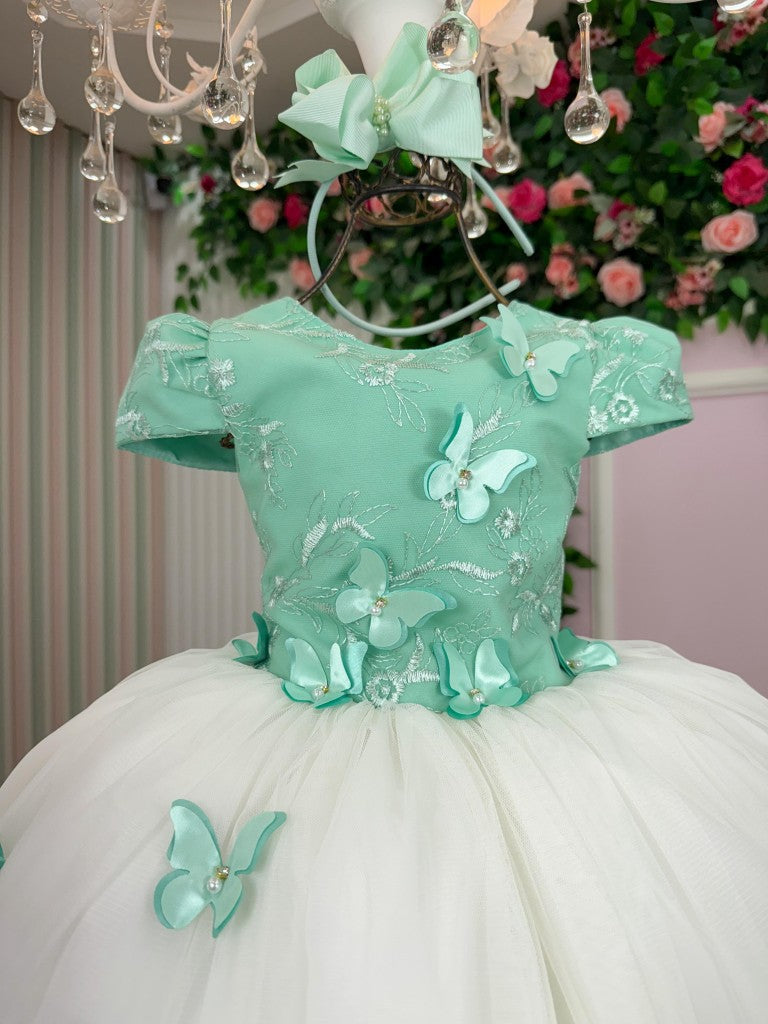 Vestido Midi Infantil Verde Oliva com Bordados e Tule