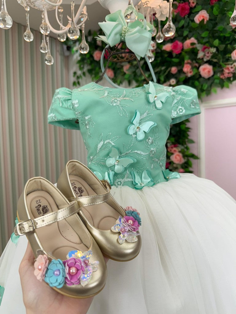 Vestido Midi Infantil Verde Oliva com Bordados e Tule