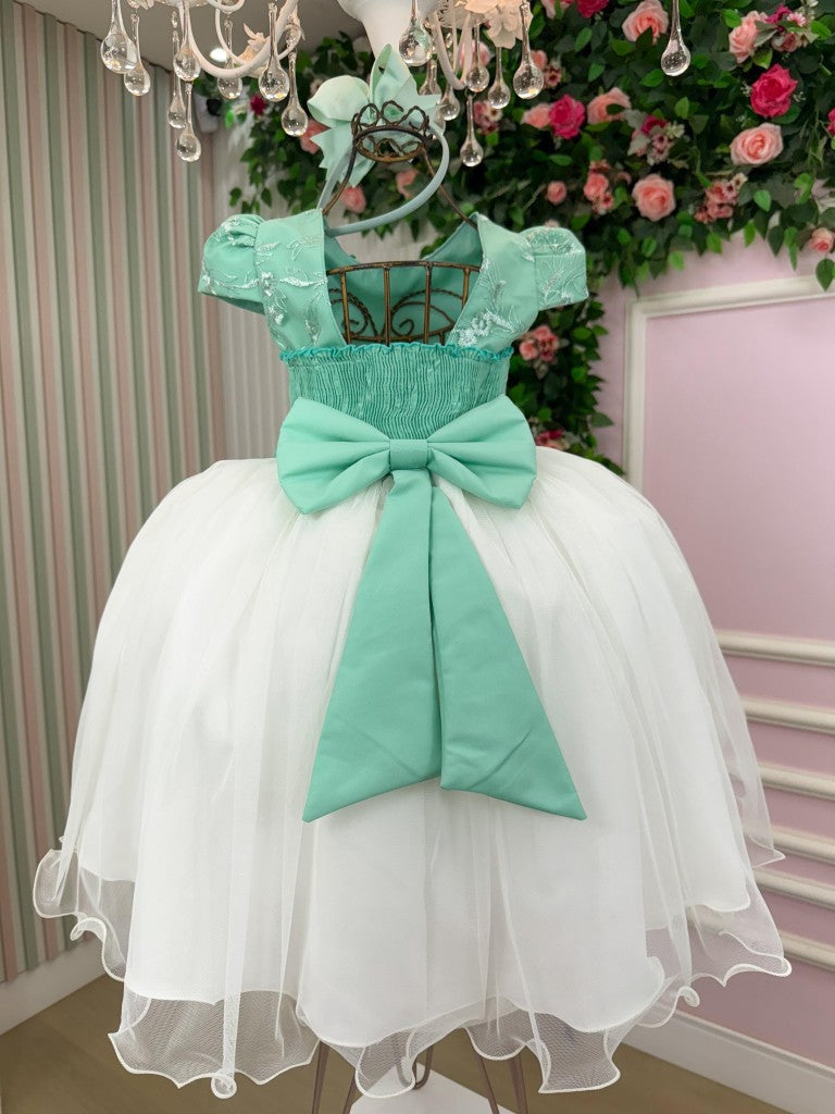 Vestido Midi Infantil Verde Oliva com Bordados e Tule