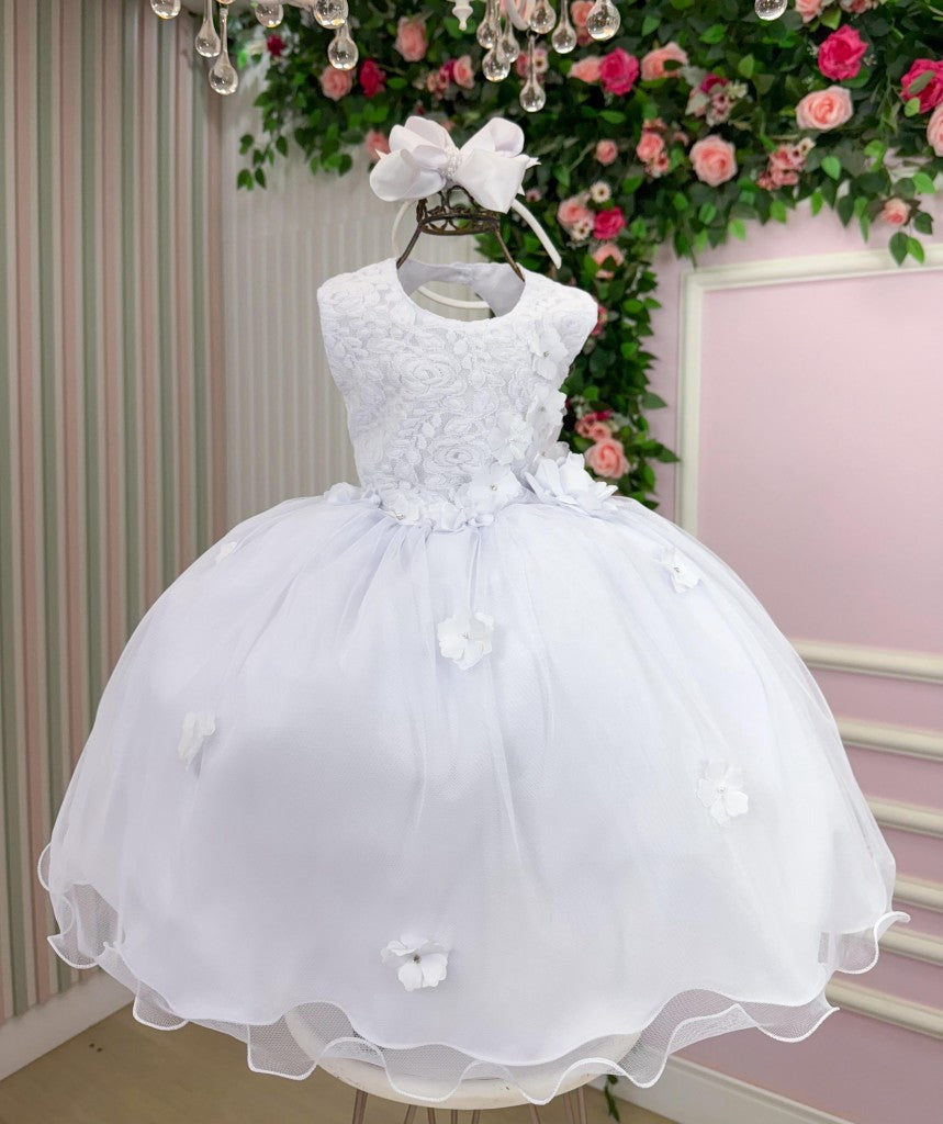 Vestido Branco Infantil em Tule com Laço para Daminhas e Floristas