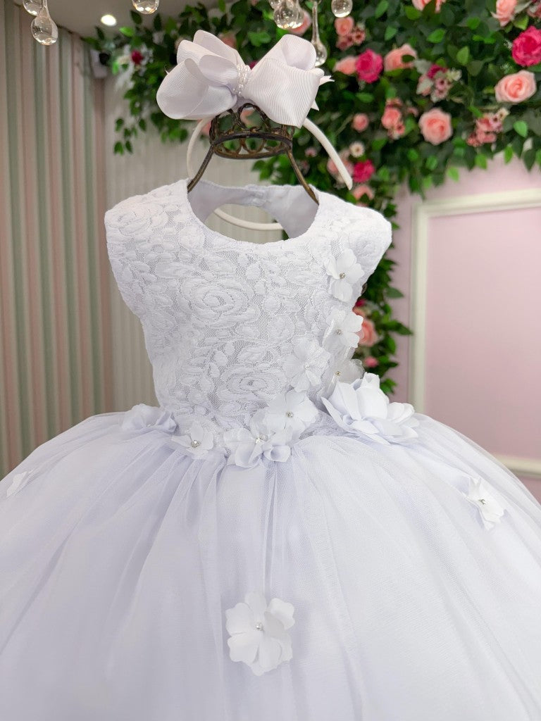 Vestido Branco Infantil em Tule com Laço para Daminhas e Floristas