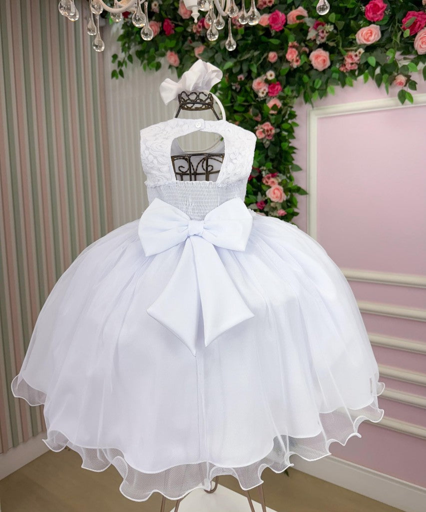 Vestido Branco Infantil em Tule com Laço para Daminhas e Floristas