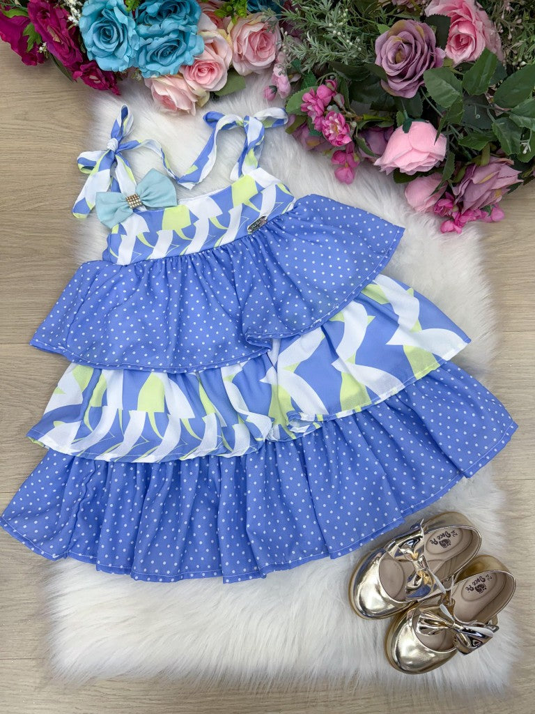 Vestido Azul Eloa em Tecido 100% Poliéster com Alcinhas Ajustáveis