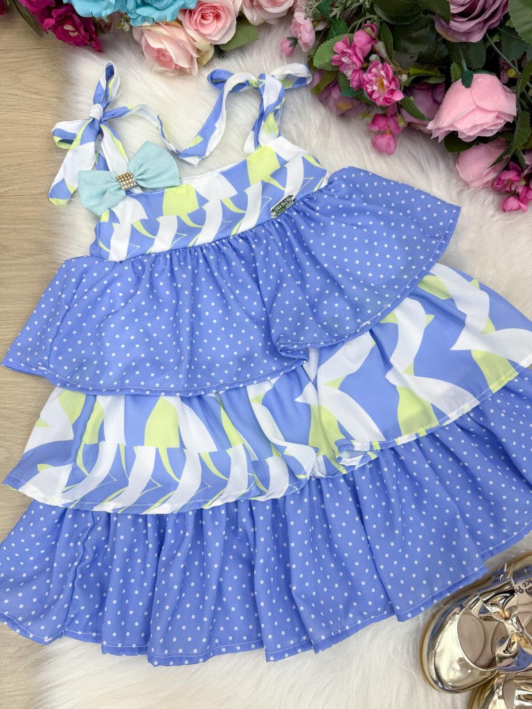 Vestido Azul Eloa em Tecido 100% Poliéster com Alcinhas Ajustáveis