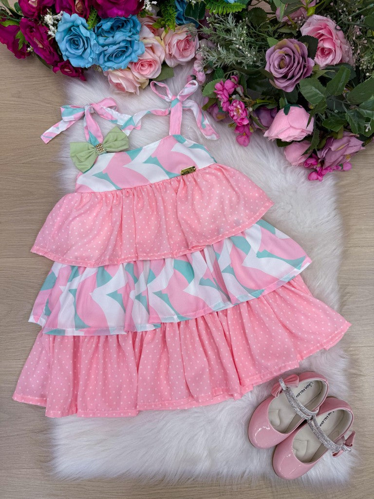 Vestido Rosa em Tecido 100% Poliéster com Alcinhas e Laço