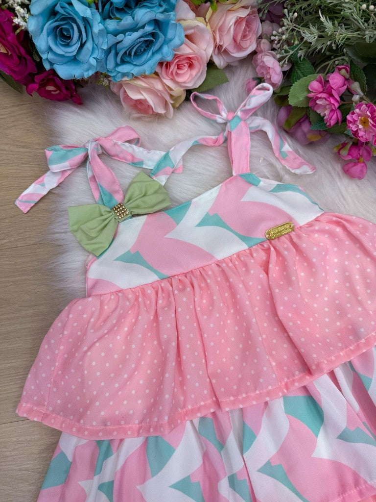Vestido Rosa em Tecido 100% Poliéster com Alcinhas e Laço