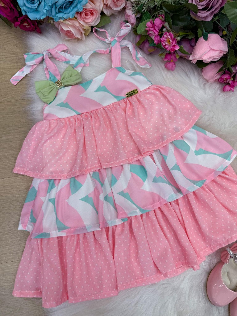 Vestido Rosa em Tecido 100% Poliéster com Alcinhas e Laço