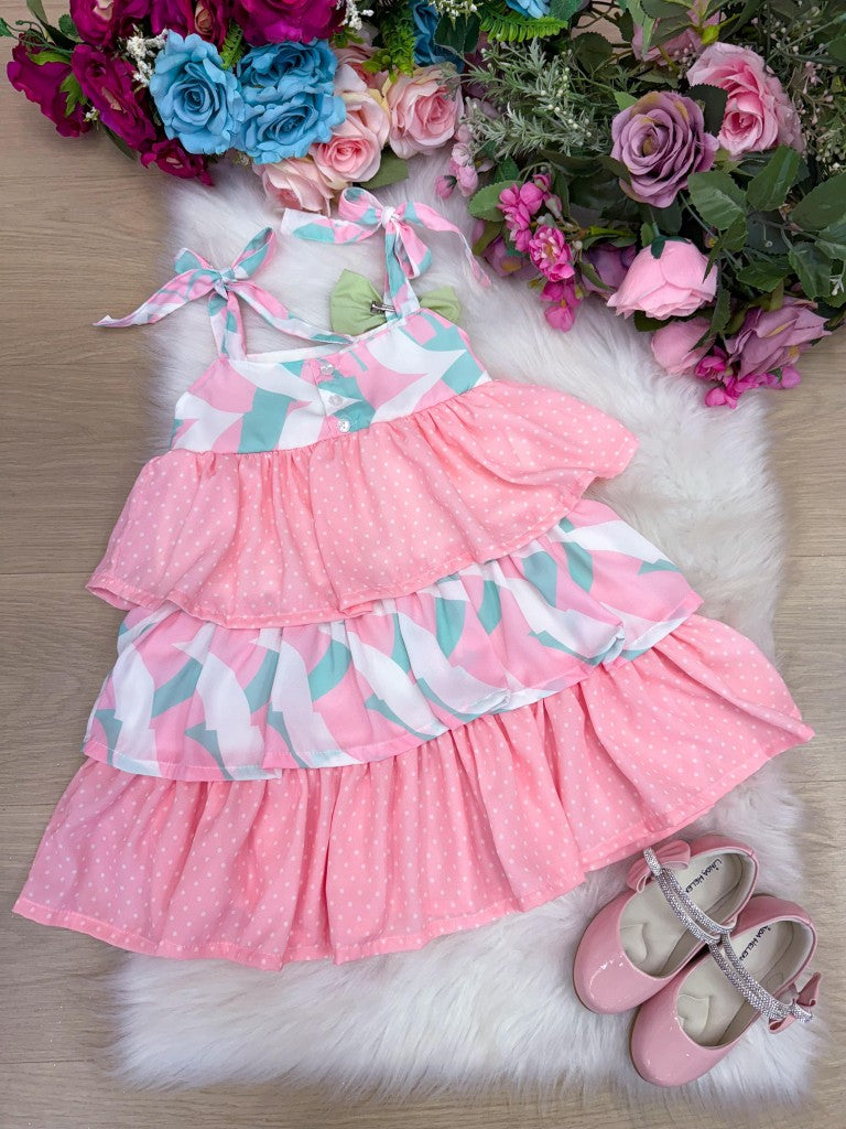 Vestido Rosa em Tecido 100% Poliéster com Alcinhas e Laço