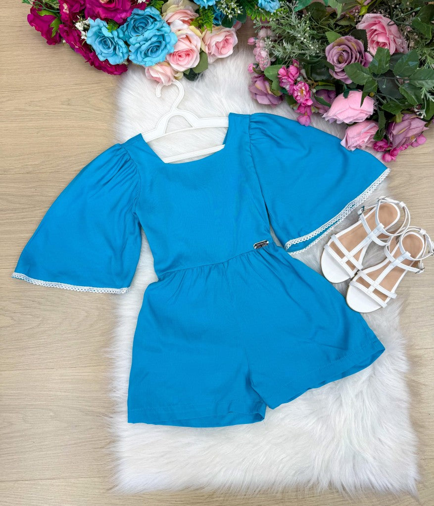 Macaquinho Azul Turquesa em Viscose com Gola Redonda e Amarração nas Costas