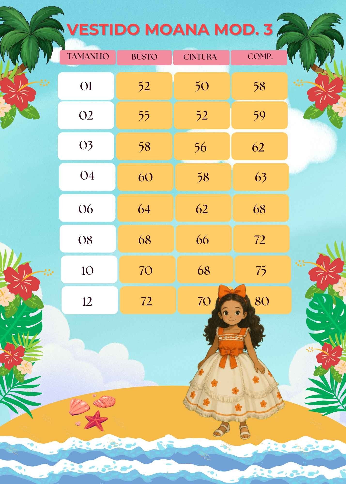 Vestido Kids Moana em Tecido 100% Poliéster com Gola Reta e Mangas Regatas