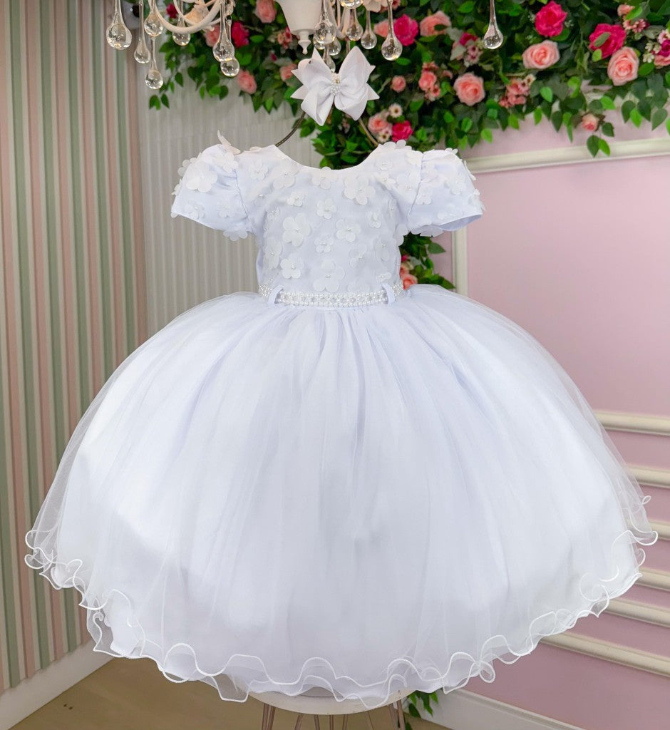 Vestido Infantil Branco em Tecido Tafeta com Laço para Meninas