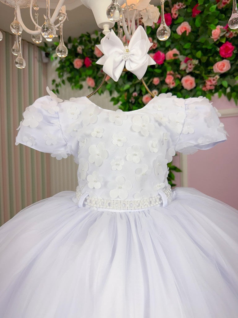 Vestido Infantil Branco em Tecido Tafeta com Laço para Meninas